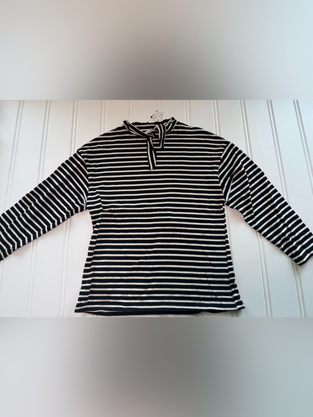 Mango MNG Black Striped Long Sleeve Top Tie Mock Neck Women Medium NEW 3235
